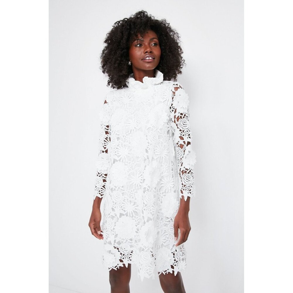 Tuckernuck White Guipure Lace Daphne Dress sz M Ruffle Collar Bow Cocktail Party